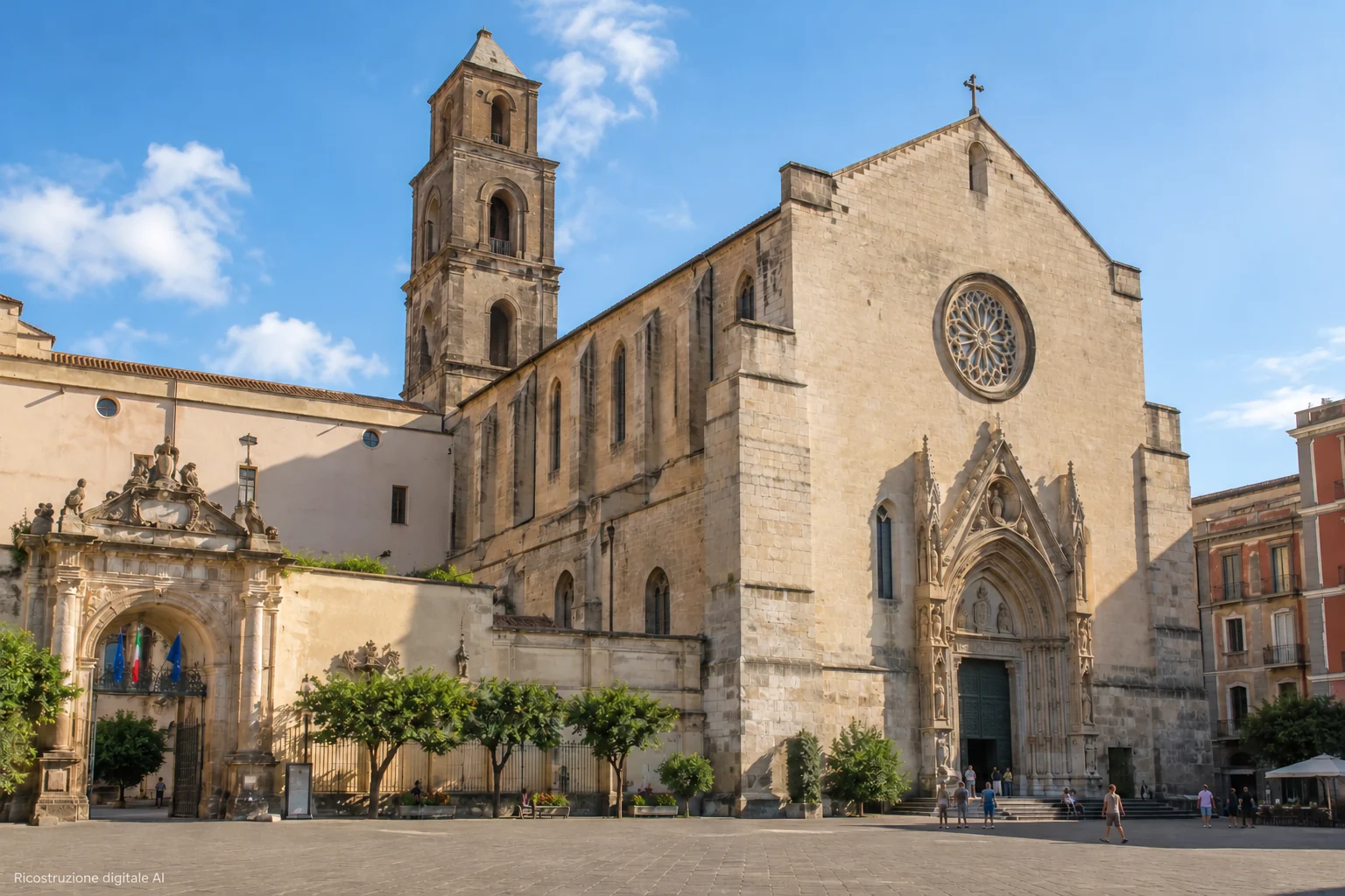 Ricostruzione digitale generata con AI · Santa Chiara e il chiostro maiolicato